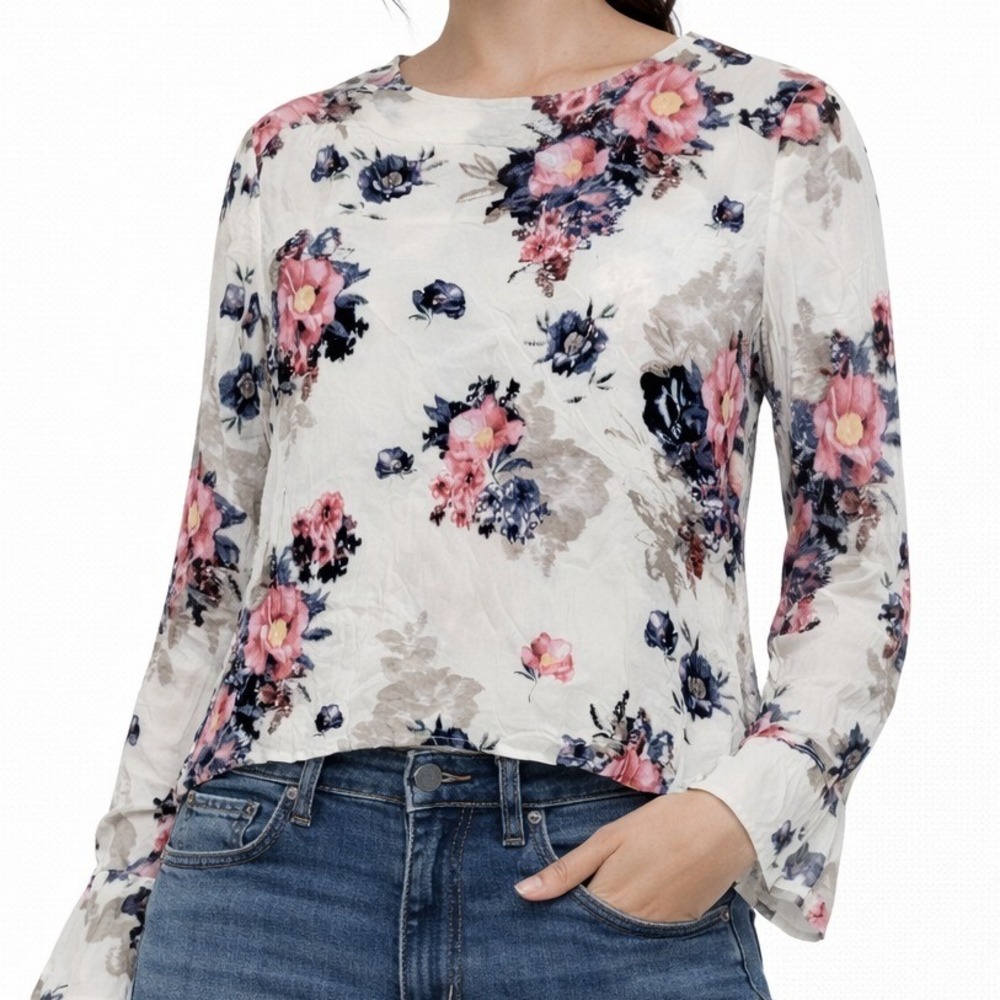 Daniel Rainn Womens Floral Long Sleeve Blouse White Pink Purple XS
